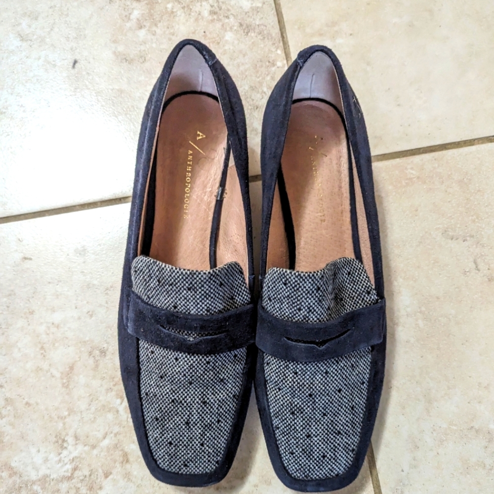 Anthropologie Harlow Loafers navy suede tweed size 9